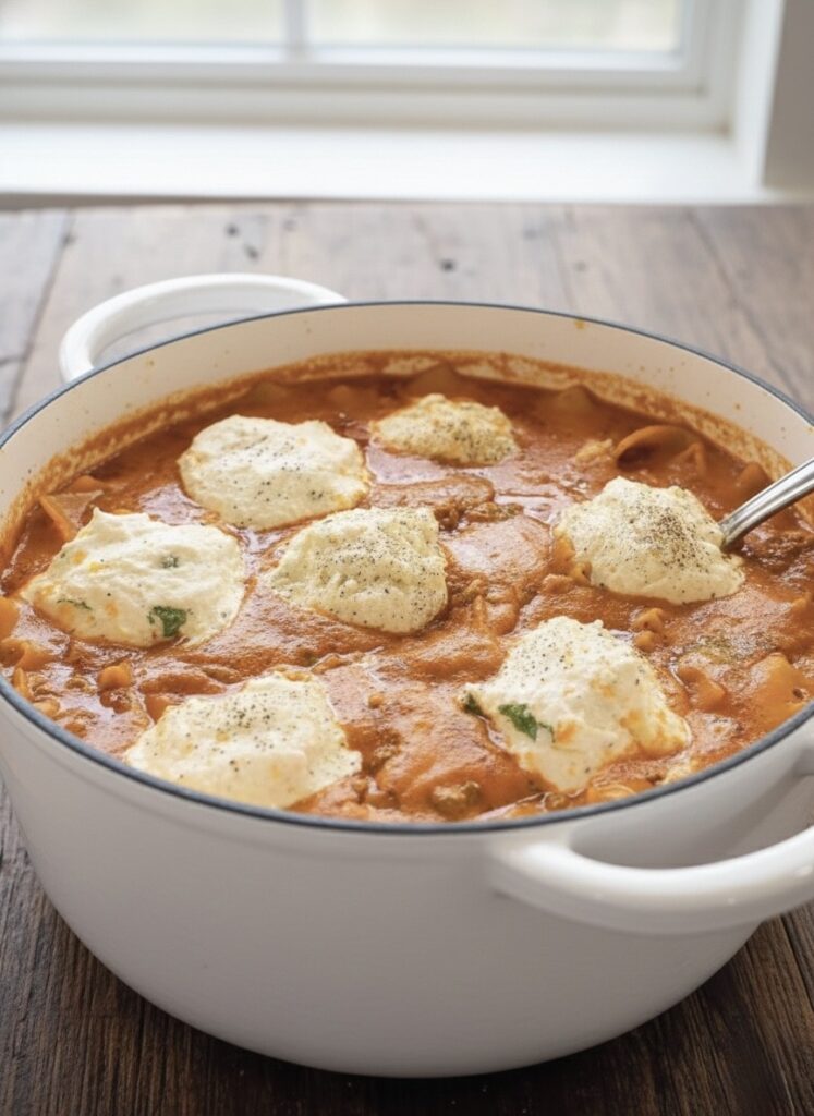 Lasagna soup with melted cheese, pasta, and ground beef in a bowl