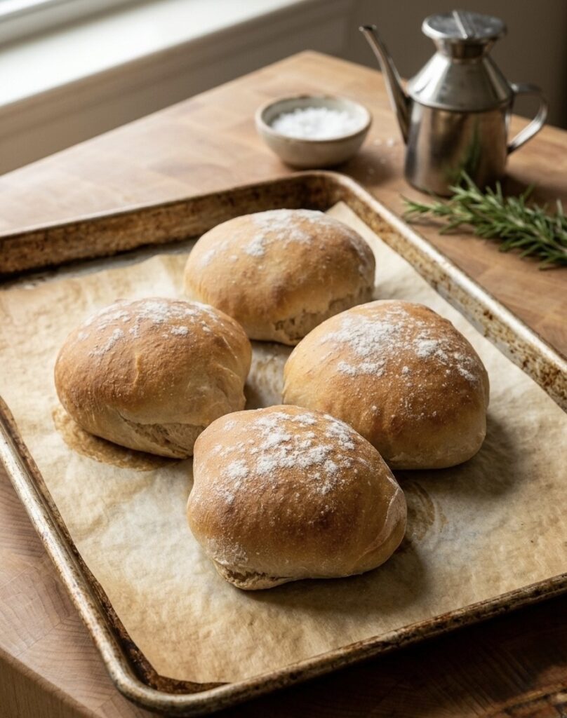 Homemade ciabatta bread loaves with golden crust and airy crumb cooling on a baking rack.