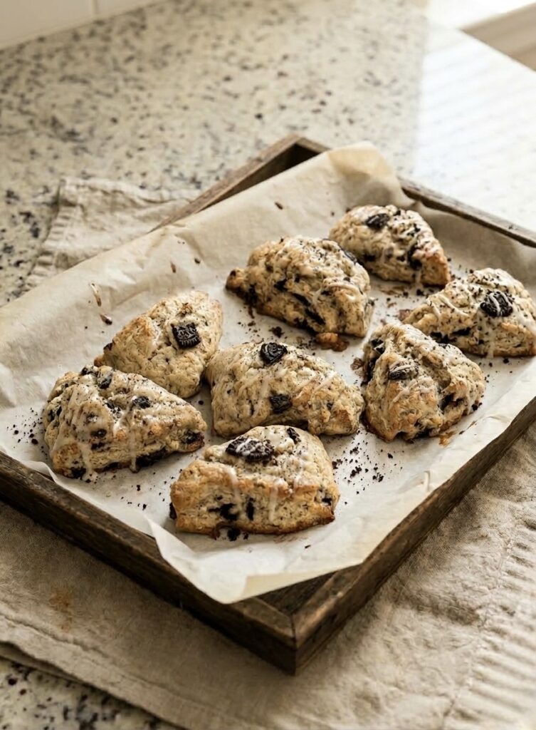Golden Oreo sourdough discard scones topped with sugar on a parchment-lined baking tray.