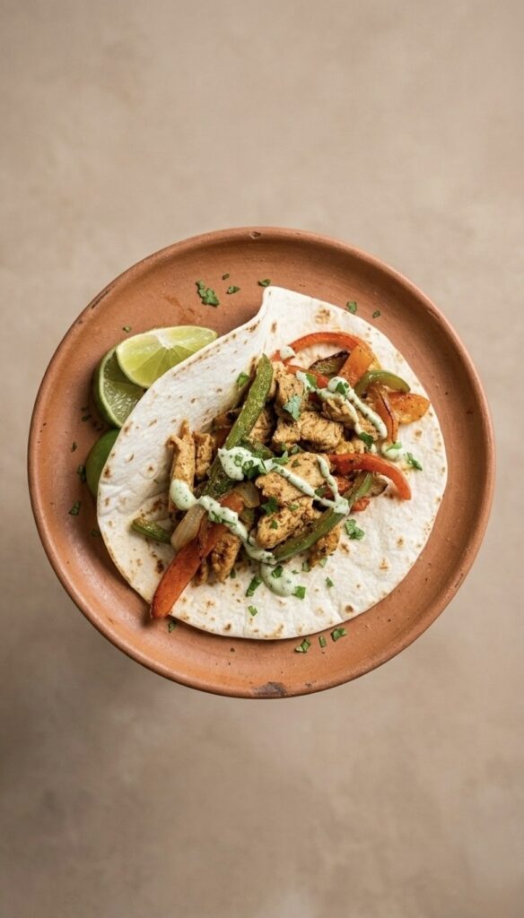 Chicken Fajitas Chicken fajitas with sautéed peppers and onions cooking in a skillet.