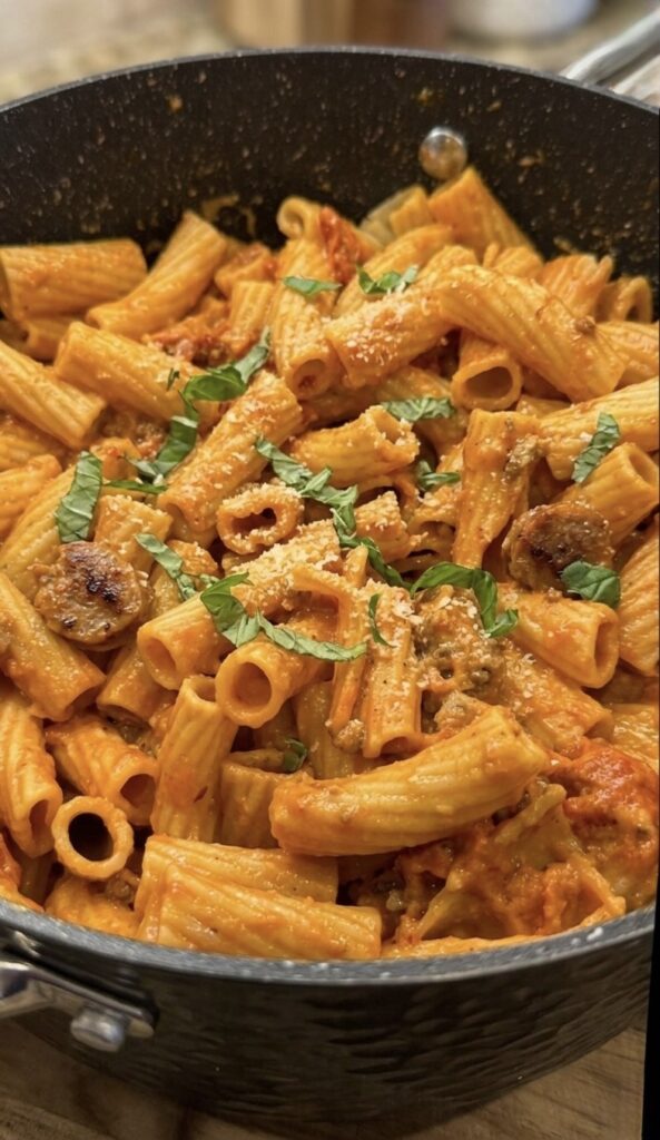 Creamy tomato sausage pasta with fusilli, parmesan cheese, and fresh basil in a rich sauce.