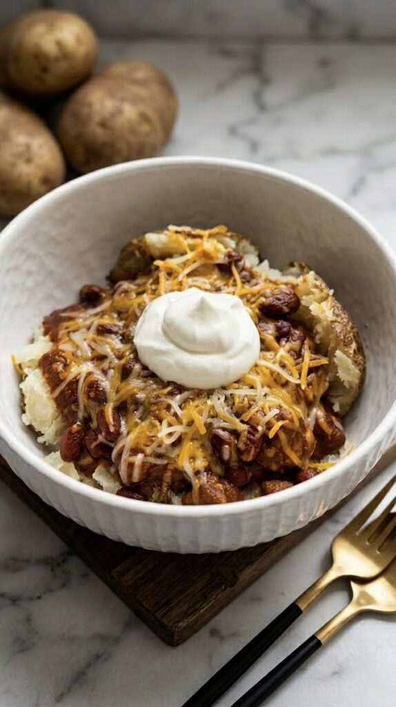 Baked potato opened into a bowl and filled with chili, shredded cheese, and sour cream.