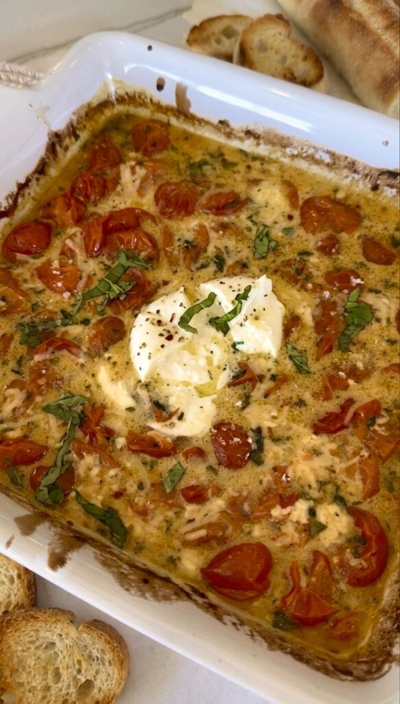 Warm roasted tomato burrata bread dip served with crispy crostini slices.