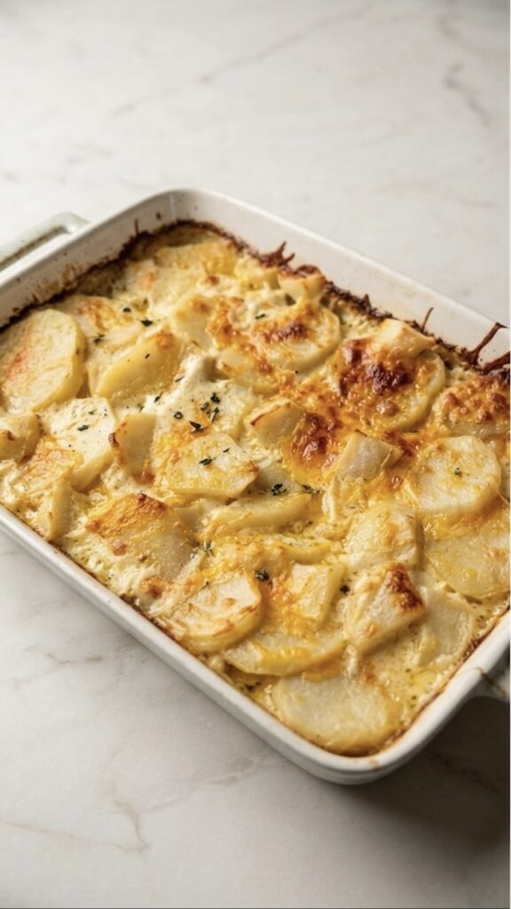 Creamy sliced potato bake layered with cheese and garlic herb cream sauce, baked until golden brown and bubbly.
