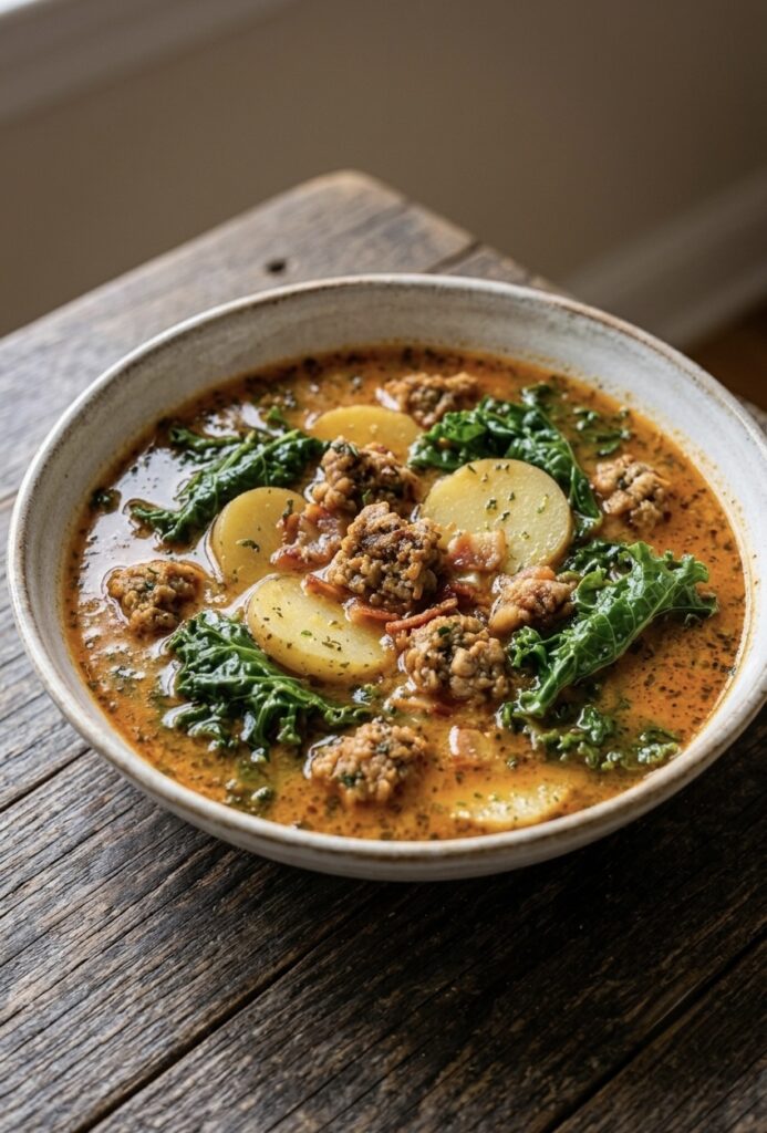 Bowl of creamy Olive Garden-style Zuppa Toscana soup made with Italian sausage, bacon, potatoes, kale, and Parmesan cheese.