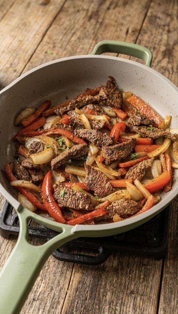 Juicy homemade steak fajitas made with marinated flank steak, sautéed bell peppers, onions, and served in warm flour tortillas.