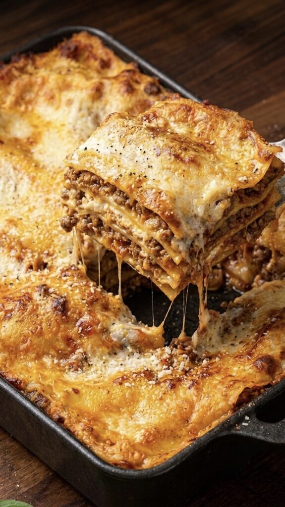 Homemade layered lasagna with rich meat sauce, creamy ricotta filling, melted mozzarella, and Parmesan cheese baked until golden brown.