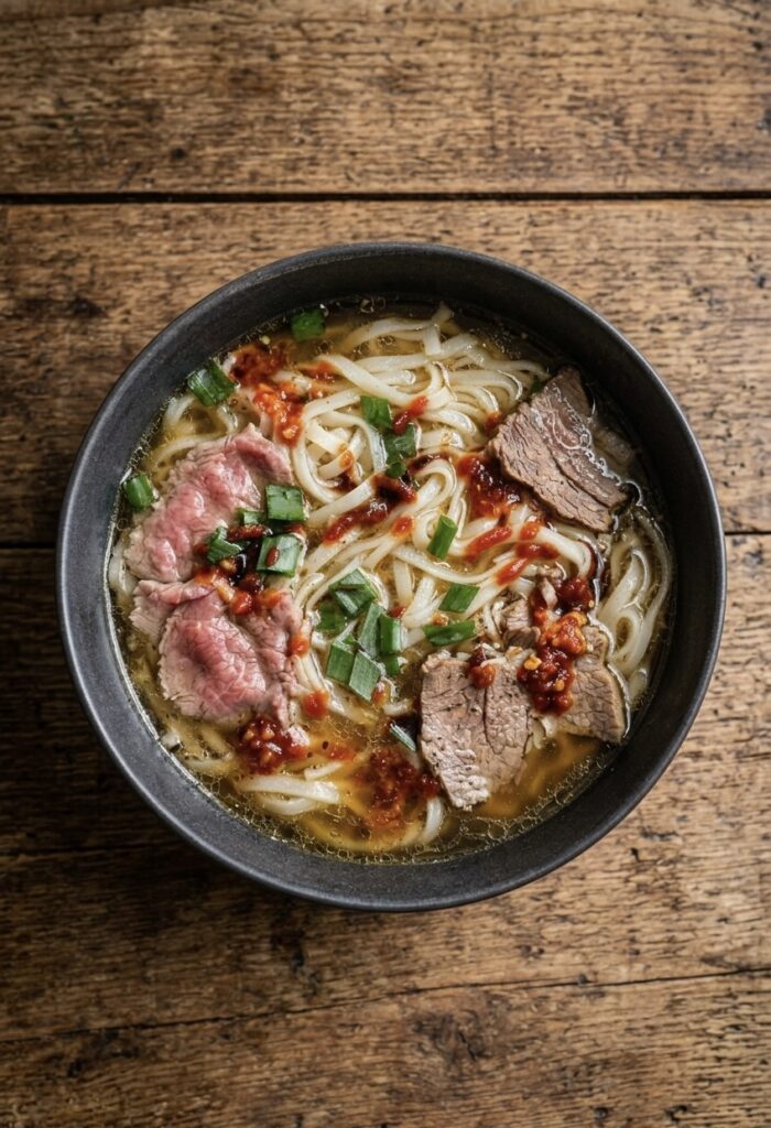Bowl of restaurant-style Instant Pot beef pho with rich beef broth, rice noodles, thin sliced beef, oxtail, herbs, bean sprouts, lime, and jalapeños.