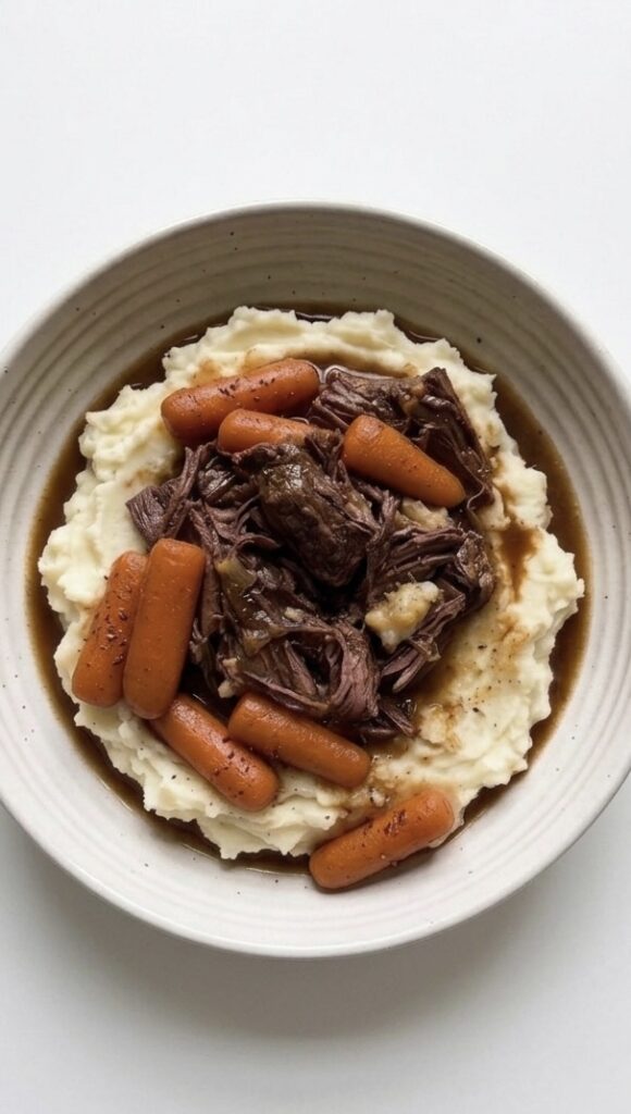 Tender Dutch oven beef pot roast with carrots and onions in a rich savory beef gravy.