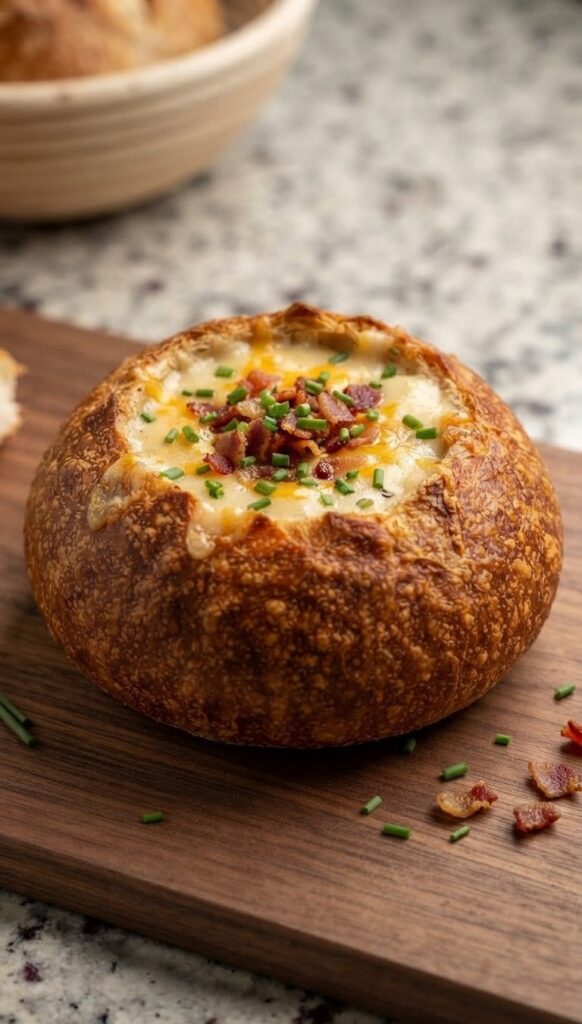 Creamy potato cheese soup made with Yukon Gold potatoes and sharp cheddar cheese topped with crispy bacon, shredded cheddar, and fresh chives.