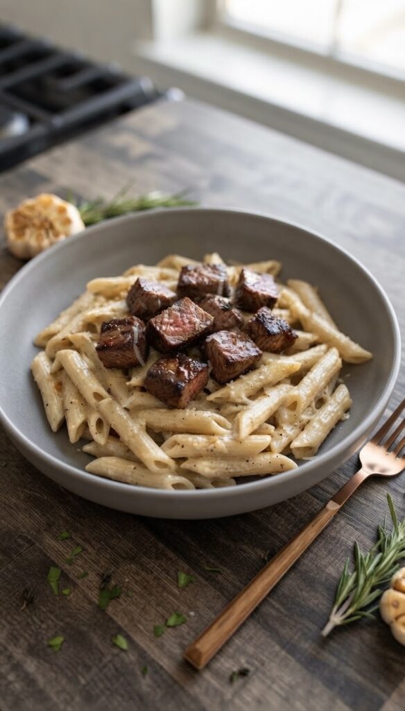 Garlic Butter Steak Bites Pasta with tender seared steak, creamy Parmesan garlic sauce, pasta, fresh parsley, and grated Parmesan cheese.